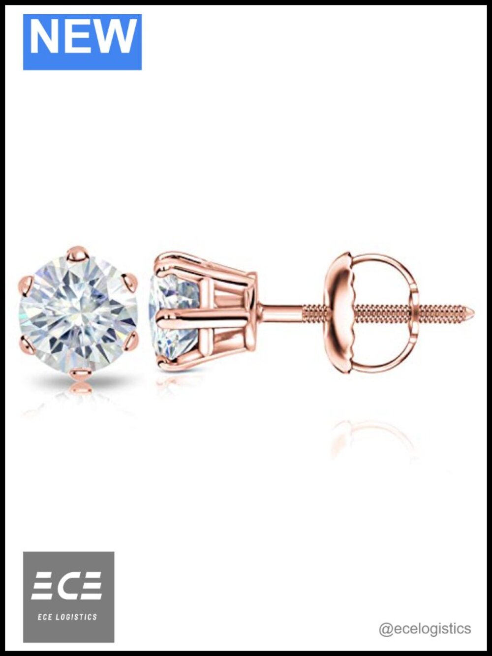 14k Rose Gold Moissanite Round Stud Earrings Screw Back